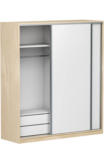 Wood wardrobe with sliding doors, isolated on white background