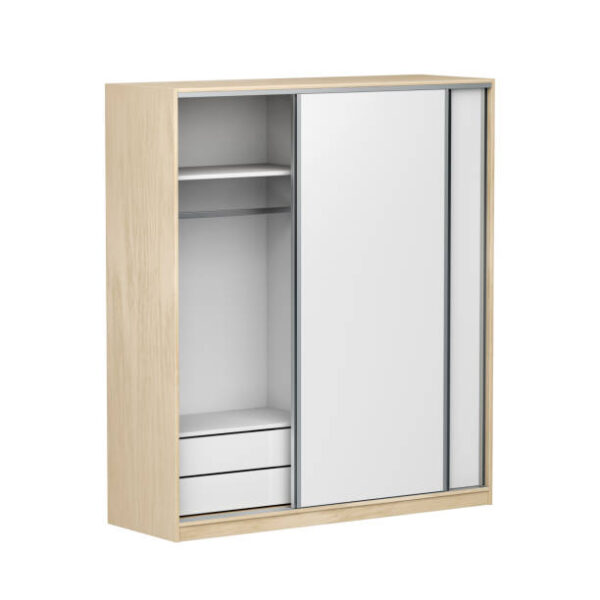 Wood wardrobe with sliding doors, isolated on white background